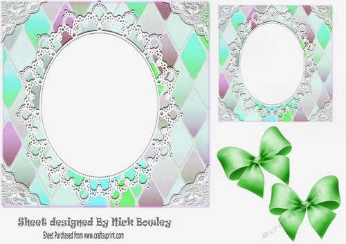 Pretty Diamond and oval lace topper, card front with green bows 7x7