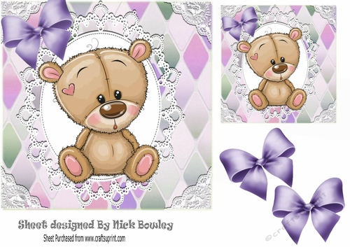 Cute teddy in pretty diamond and oval lace card front 7x7