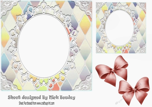 Pretty Diamond and oval lace topper, card front with peach bows 7x7