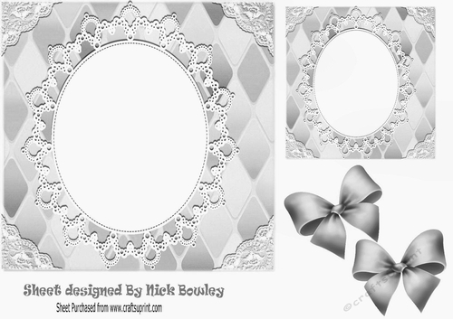 Pretty Diamond and oval lace topper, card front with silver bows 7x7