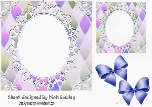 Pretty Diamond and oval lace topper, card front with blue bows 7x7