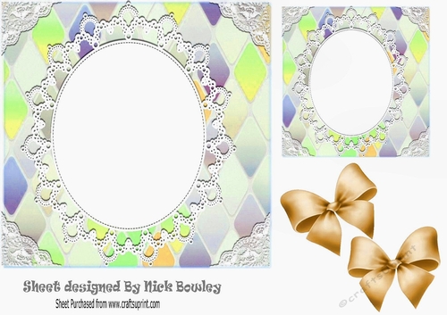 Pretty Diamond and oval lace topper, card front with gold bows 7x7