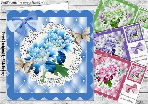  4 Pretty flowers with paper butterflies on lace with bow card front 8x8 mini kit