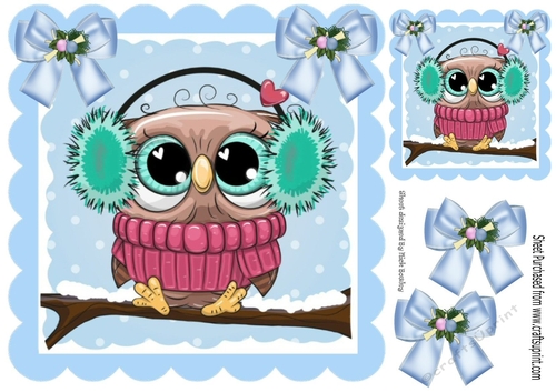 Cute owl on a branch with snow, and bow 8x8
