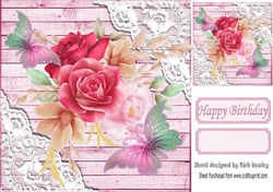 Pink Wood & lace, water colour flowers & butterflies 8x8 card front