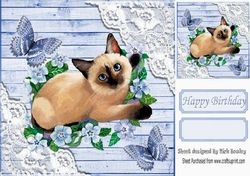 Blue Wood and lace corners 8x8 card front with siamese cat & butterflies