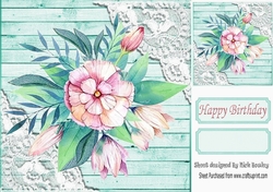 Turq Wood and lace corners 8x8 card front with Hibiscus flowers