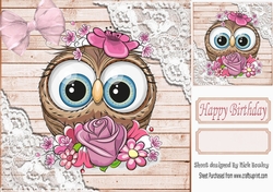 Brown Wood and lace corners 8x8 card front with cute owl