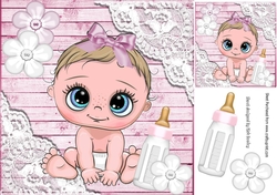 Pink Wood and lace corners 8x8 card front with cute baby girl