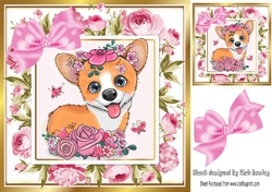 Cute Corgi dog in frame of pink roses 8x8