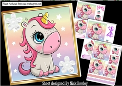 4 Cute rainbow unicorns with pyramids & 8x8 card front mini kit