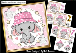 4 Cute eles in pink dot sun hats with pyramids & 8x8 card front mini kit