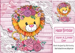 pink Wood and lace corners with cute lion & roses 8x8 card front