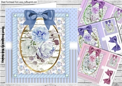 4 Pretty roses in ornate frame with bows card fronts 8x8 mini kit