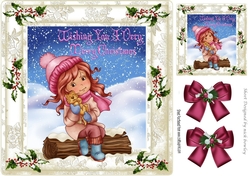 cuddles with my kitty with pink  bows in  holly snow & berries 8x8