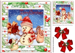 snowman with pressies with red bows in holly snow & berries 8x8