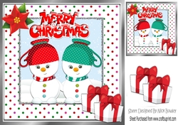 Cute pair of teacup snowmen in dotty frame 8x8