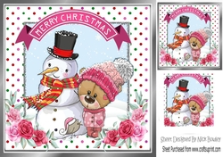 Cute teddy in winter hat with snowmen in dotty frame 8x8