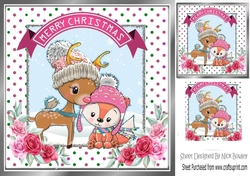 Cut deer with fox in winter hats in  a dotty frame with roses 8x8