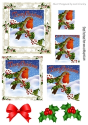 A Lovely robin on a branch with snow and berries square pyramids