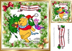 Pooh bear and piglet carrying a christmas tree in holly bow frame 8x8