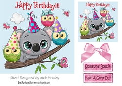 Cute koala bear on a branch with party owls 7x7