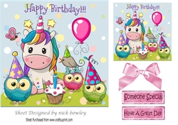 Cute unicorn celebrating birthday with owls 7x7