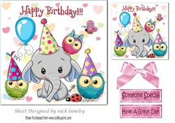 Cute ele celebrating a birthday with best friends owls 7x7