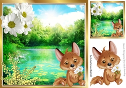 A lovely fox with lily pond and white daisies 8x8