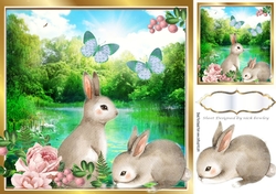 Cute pair of bunnies by water lily pond/pink roses 8x8