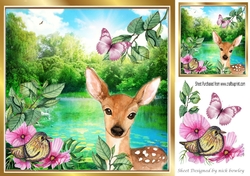 Cute deer with little bird by water lily pond/pink flowers 8x8