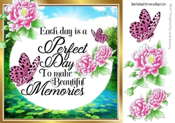 Pretty lily pond card front with water colour pink flowers/butterfly & verse 8x8