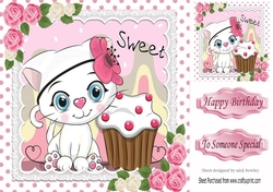 Cute white kitty in lace, polkadot 8x8 with pink roses