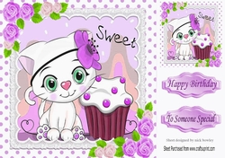 Cute white kitty in lace,  polkadot  8x8  with lilac roses