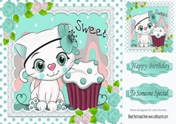 Cute white kitty in lace, polkadot 8x8 with turq roses