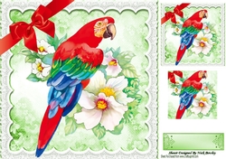 Lovely parrot with flowers and lace with red bow 8x8