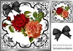 Pretty red/peach roses in ornate black scroll 8x8 frame