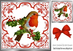 Pretty ornate red scroll 8x8 card front/insert frame with robin