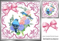 Pretty ornate pink scroll 8x8 card front/insert frame with pretty birds
