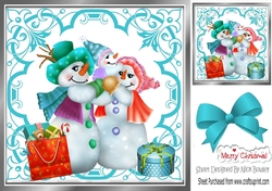 Pretty ornate turq scroll 8x8 card front/insert frame, with snowman family