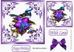 pretty ornate card front/insert with leaves in purple 7x7 with bird & flowers