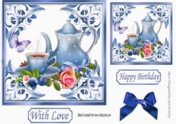 pretty ornate card front/insert with leaves in blue 7x7 tea time