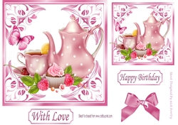 pretty ornate card front/insert with leaves in candy pink 7x7 tea time