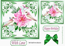 pretty ornate card front/insert with leaves in green 7x7 flowers with birds