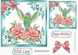  ornate card front/insert with leaves in turq 7x7 flowers with humming bird