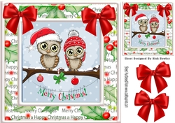 Cute pair of owls on a branch with snow and red bows 8x8