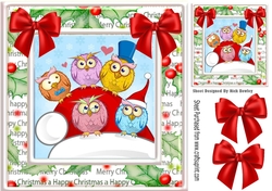 Cute owls sitting on santas hat with red bows 8x8