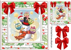 Cute owls sitting on a snowman with red bows card front 8x8