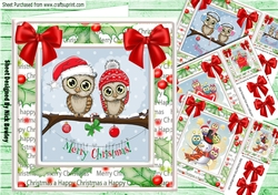  4 Cute card fronts of owls with friends and red bows 8x8 mini kit