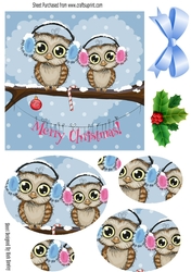 Cute owls on a branch wearing ear muffs oval pyramids